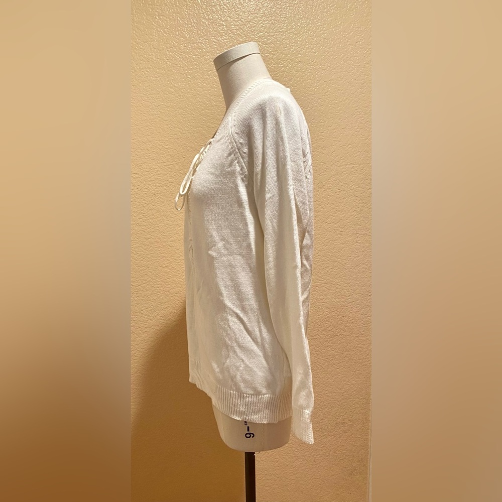 White lace up front long sleeve sweater